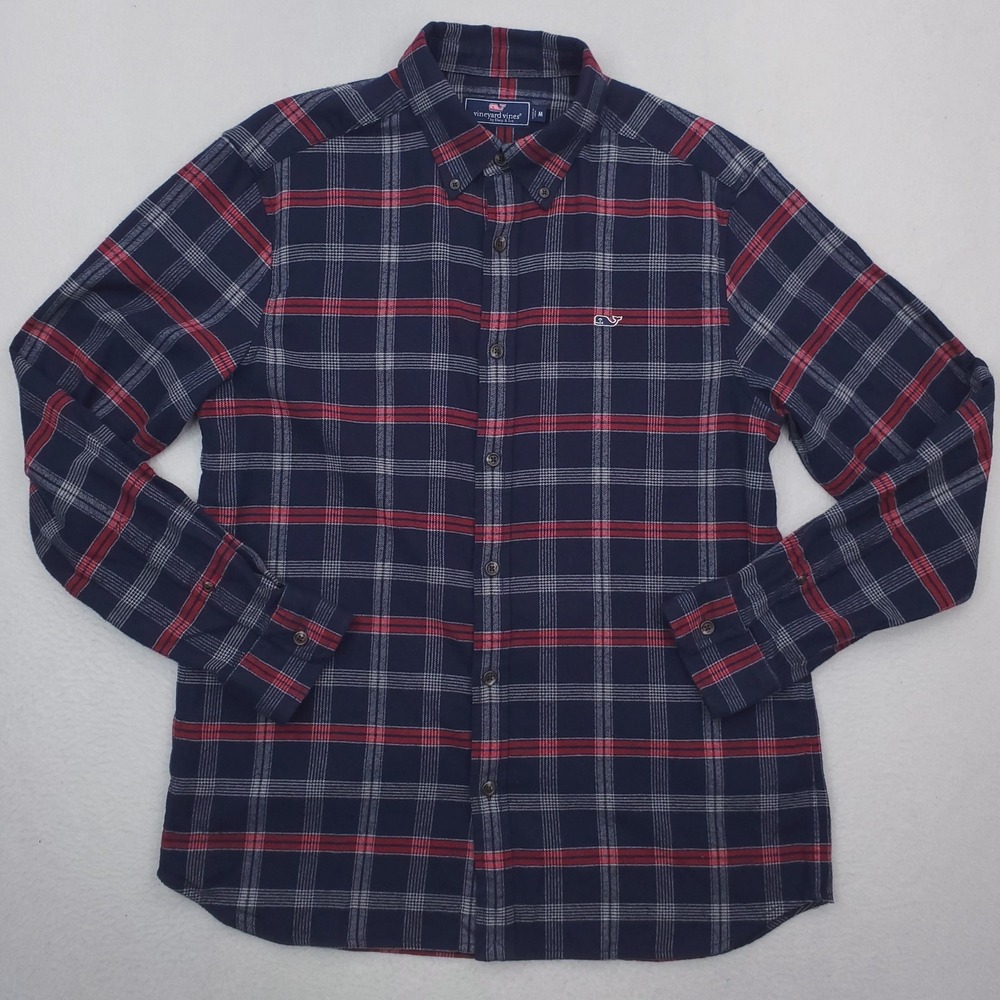 Vineyard Vines Whale Shirt Men Medium Blue Red Plaid Flannel Button Down Stretch